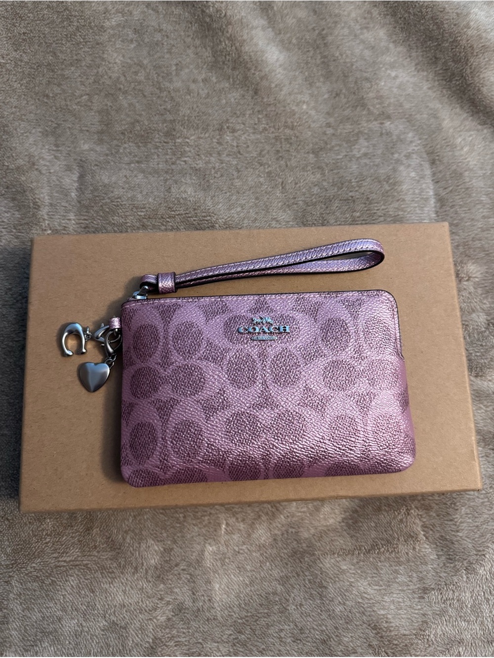 Coach Metallic pink rose Signature Wristlet with Charm